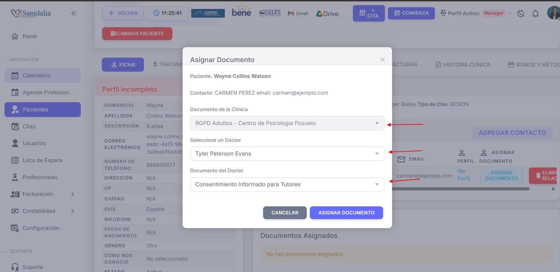 Asignación de documento para firma de menor