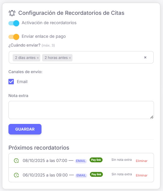 Bloque Configuración de recordatorios del paciente