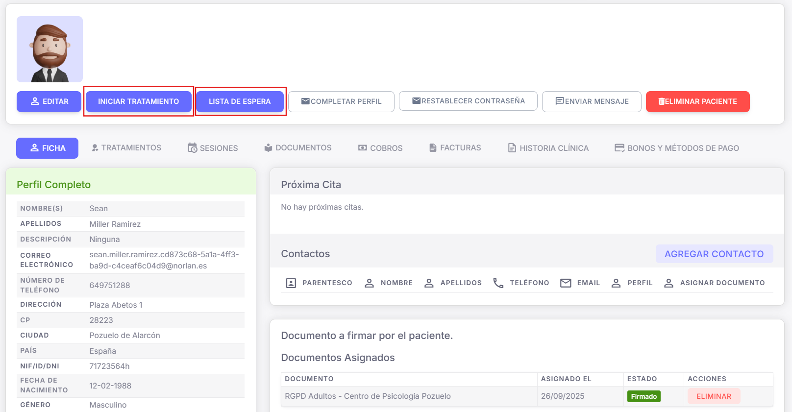 Ficha del paciente — botones 'Dar tratamiento' y 'Enviar a lista de espera'