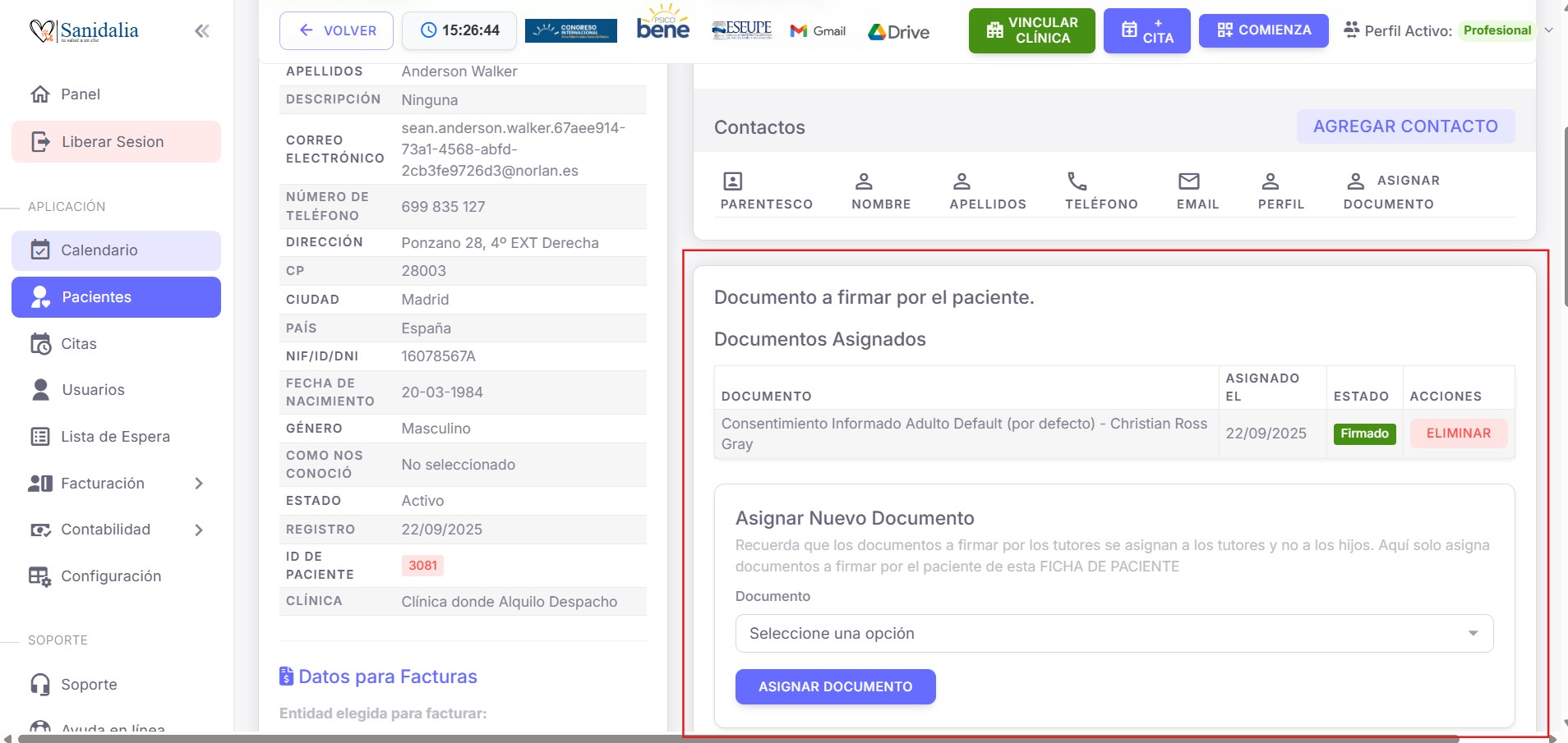 Panel Documentos a firmar en la ficha del paciente