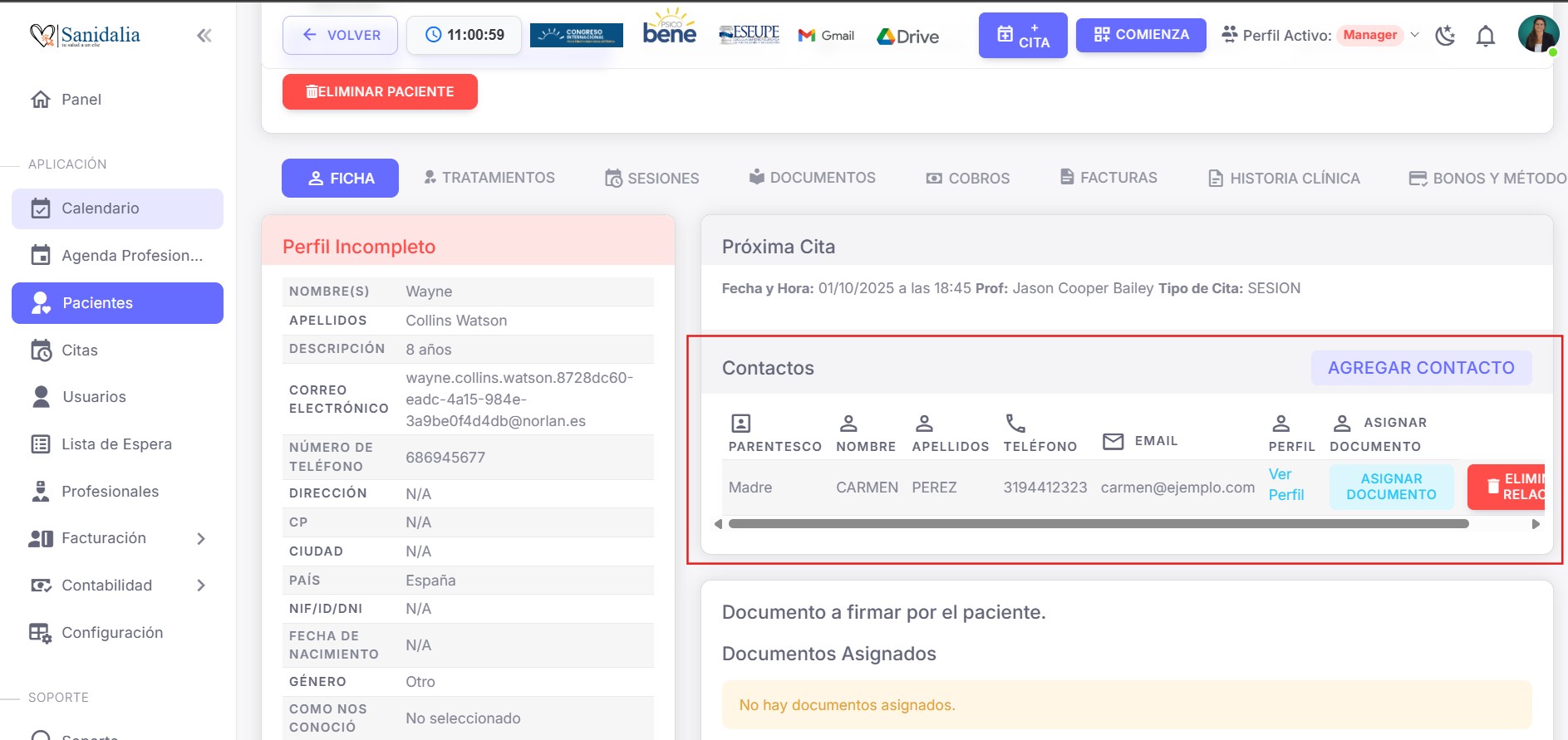 Ficha del menor con contactos
