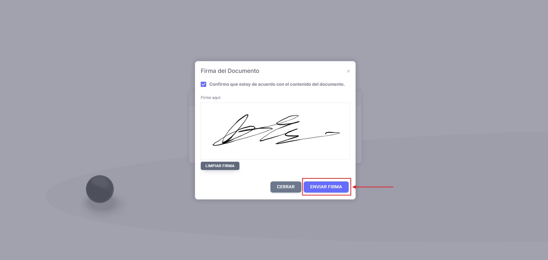 Pantalla de firma: lectura, check y área de firma