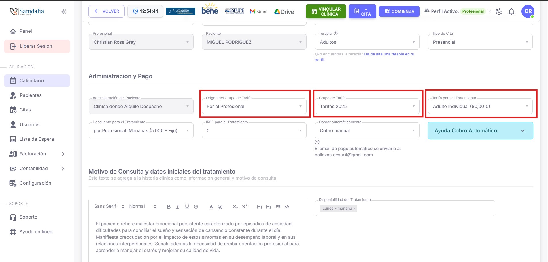 Alta de tratamiento — Origen tarifa (Profesional/Clínica)