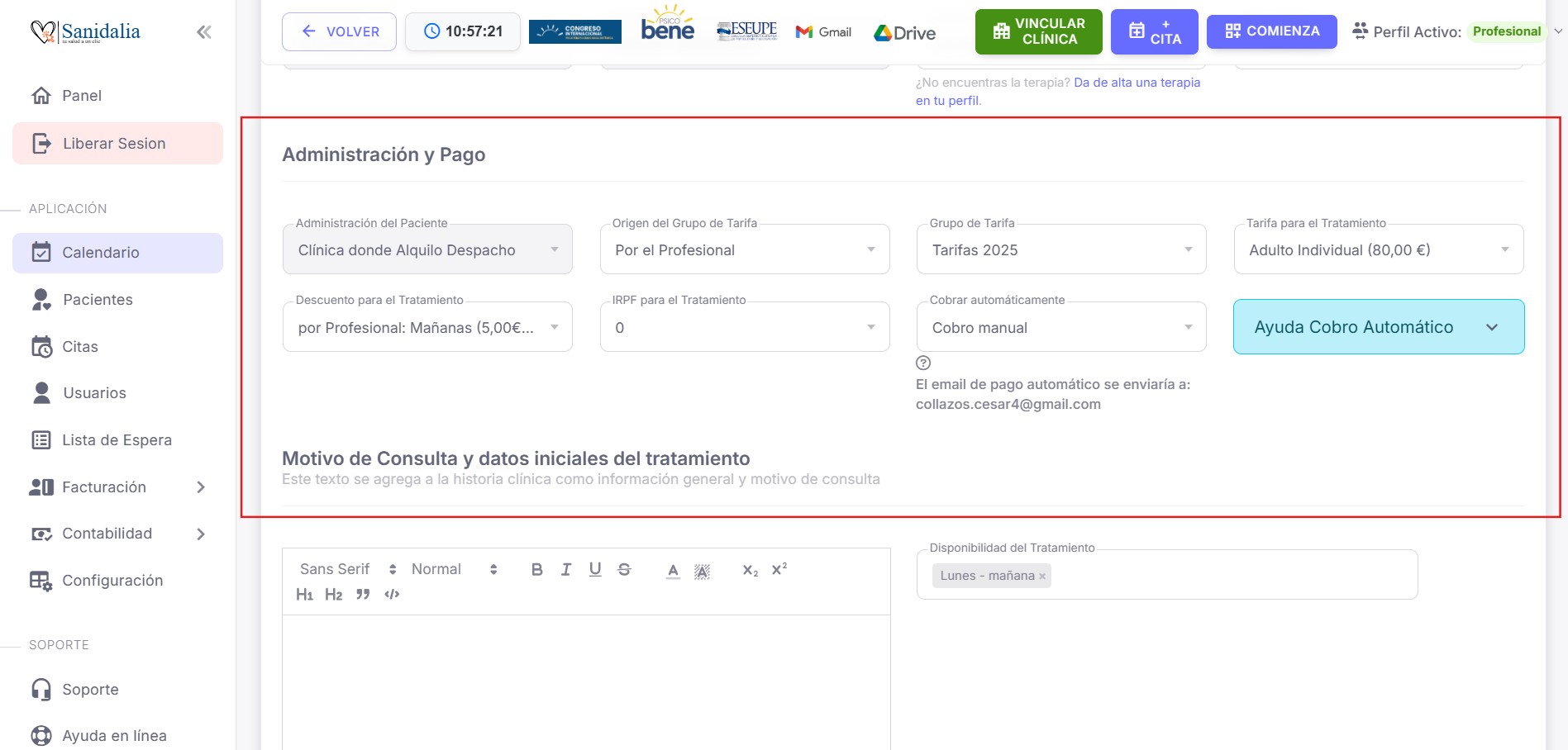Panel de configuración de la administración y el pago del tratamiento.