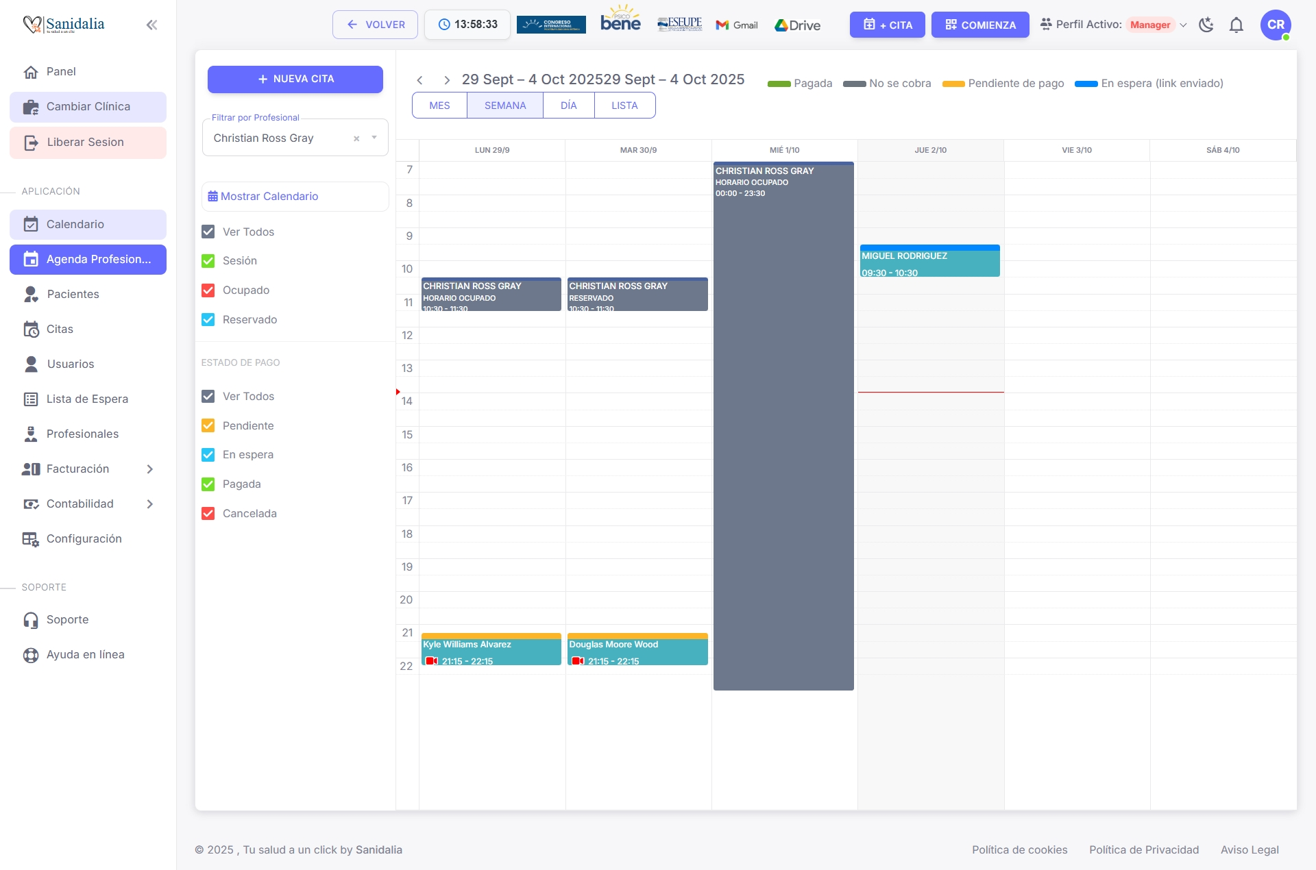 Agenda de Profesionales — Semana/Mes (zona gris sin disponibilidad)