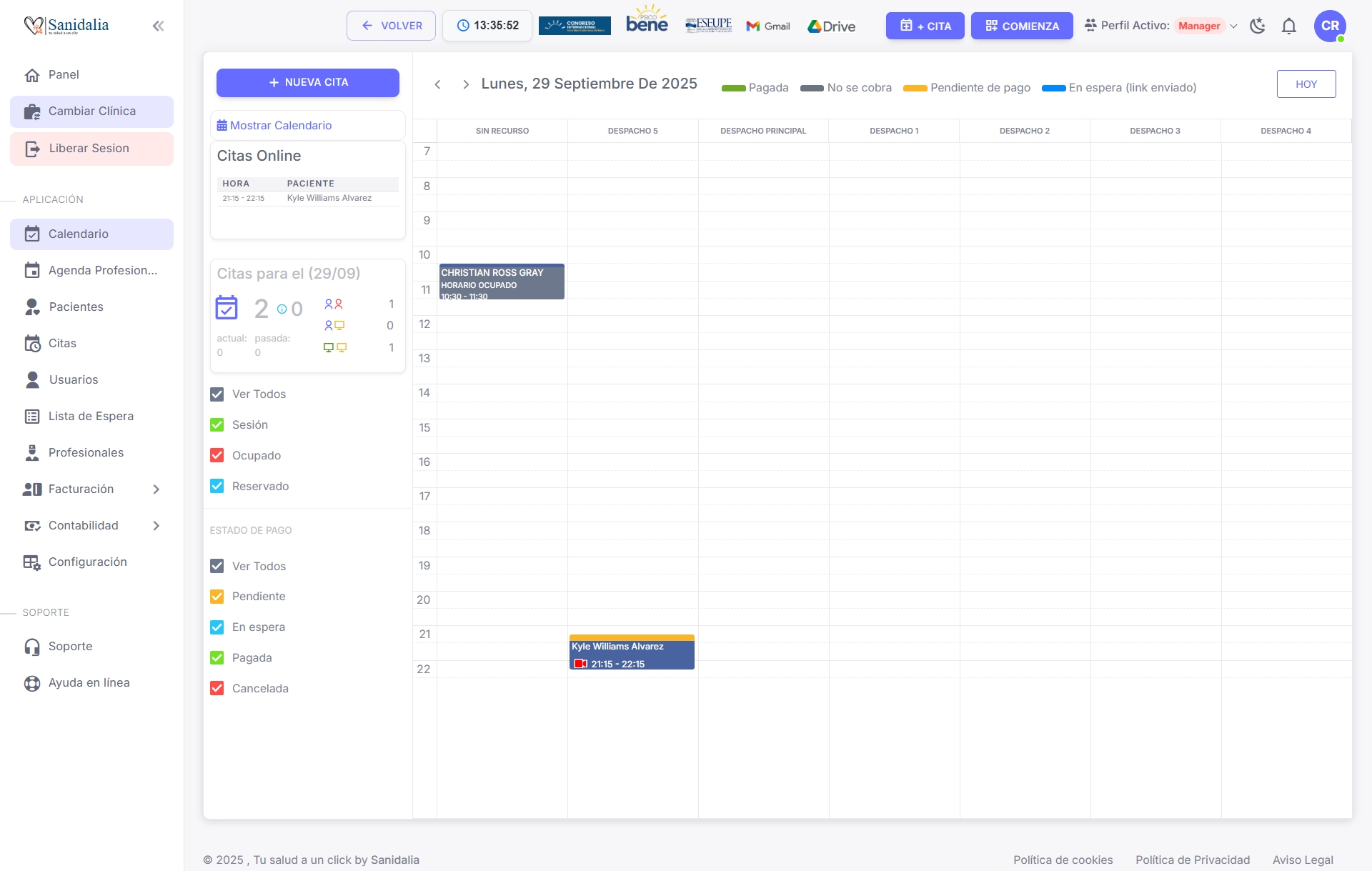 Calendario de Clínica — Día por recursos (columnas)