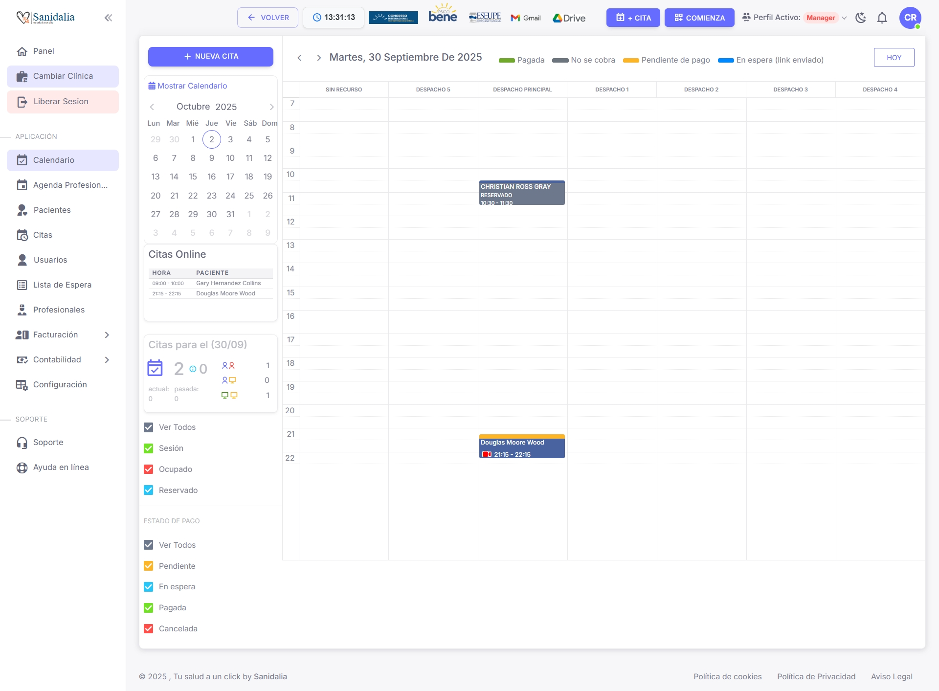 Calendario Manager — día por recursos con filtros y leyenda