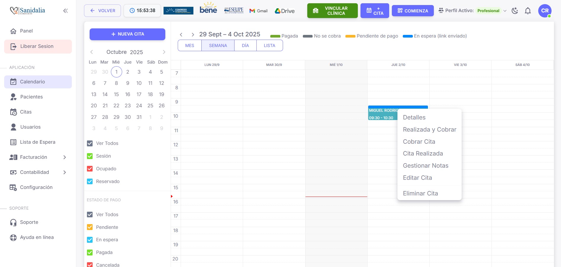 Menú contextual de cita: Detalles, Realizada y Cobrar, Cobrar Cita, Cita Realizada, Gestionar Notas, Editar, Eliminar