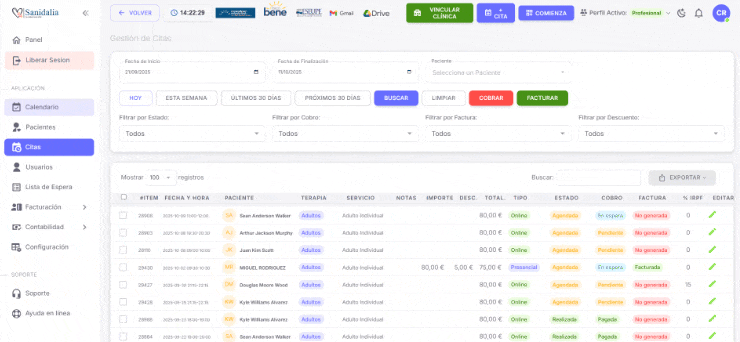 Checkout de cobro: listado de citas y método de pago