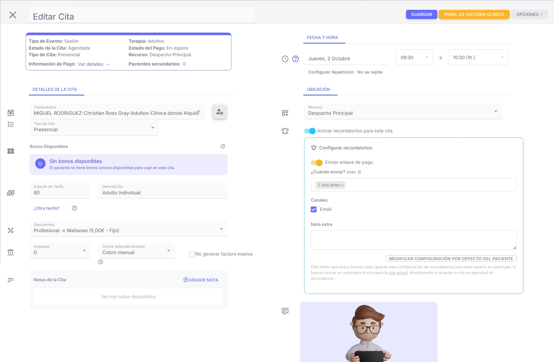 Editar Cita — cabecera con estados y datos clave