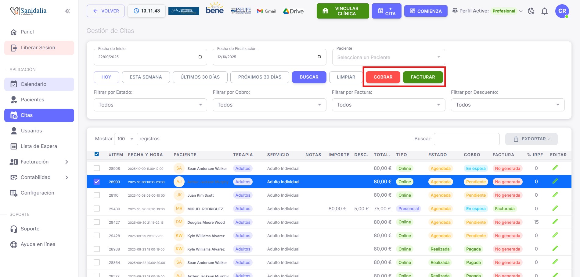 Listado de Citas con botón Facturar y opción Facturar desde el checkout