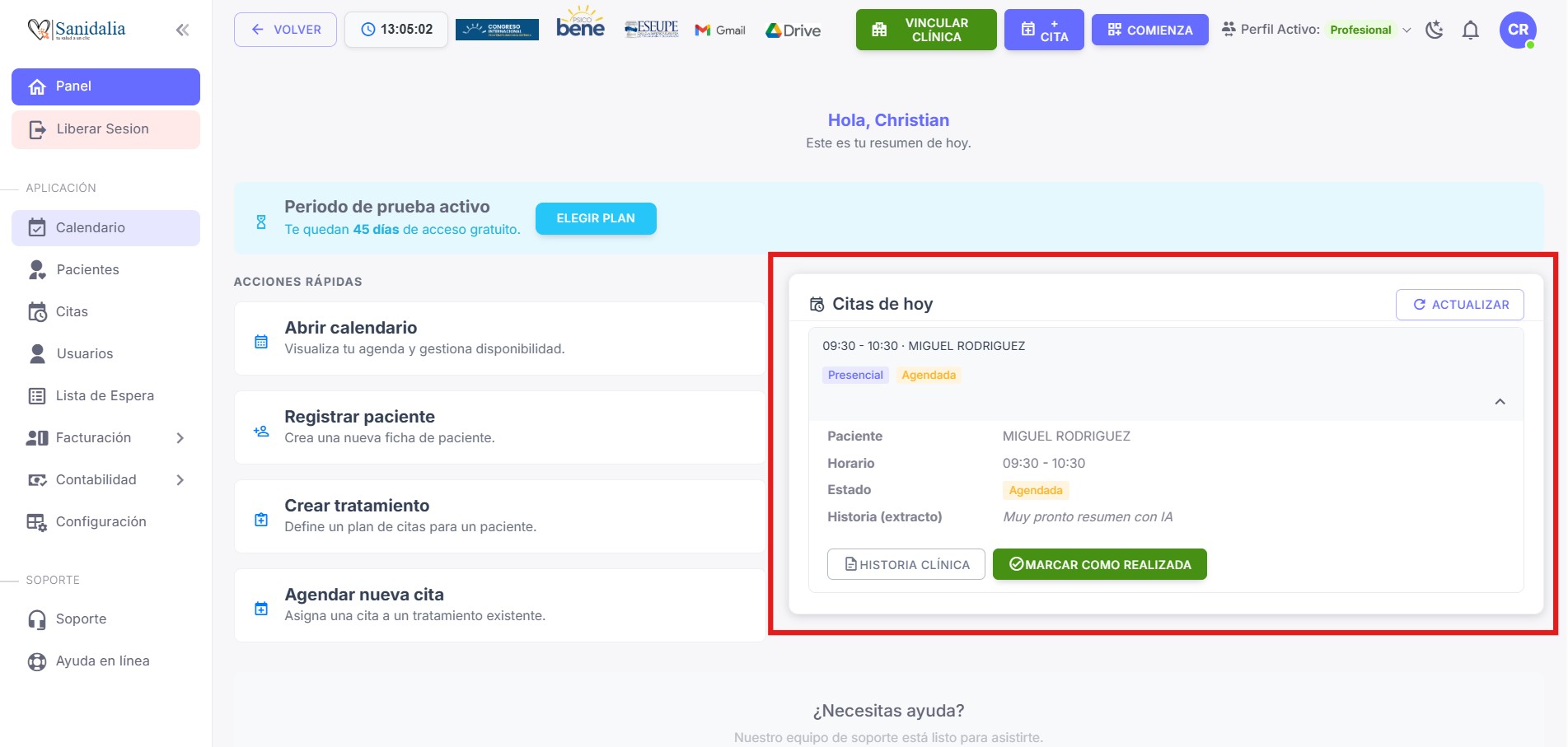 Dashboard del profesional con tarjetas de citas de hoy y botón Realizar cita