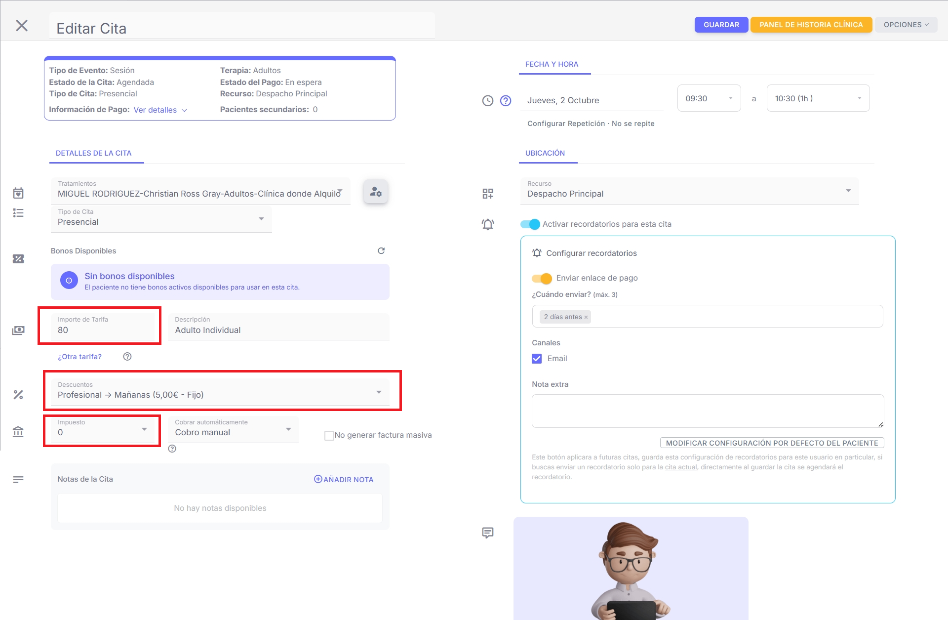 Editar Cita — detalle con tarifa, descuentos e impuestos
