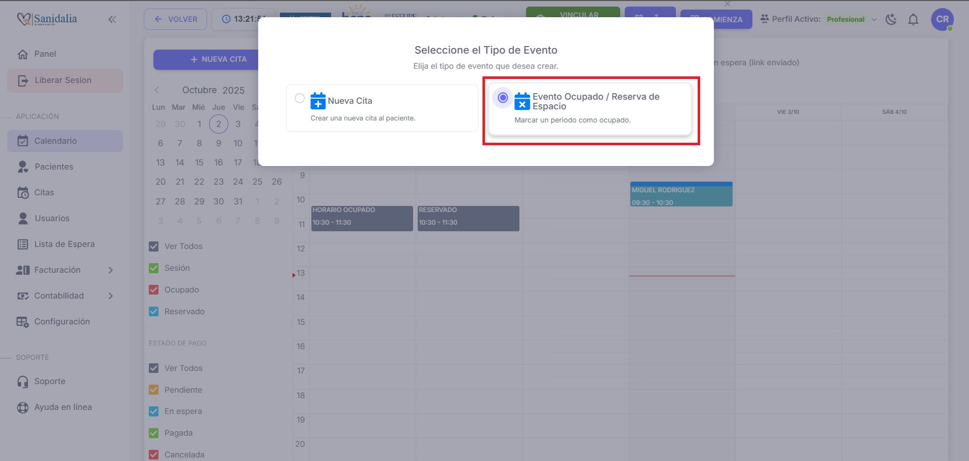 Seleccionar Tipo de Evento: Nueva Cita o Evento Ocupado / Reserva de Espacio