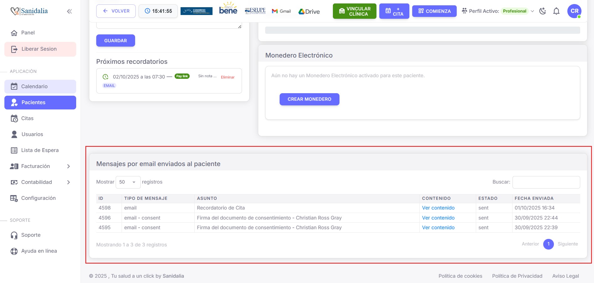 Listado de emails enviados al paciente desde la plataforma