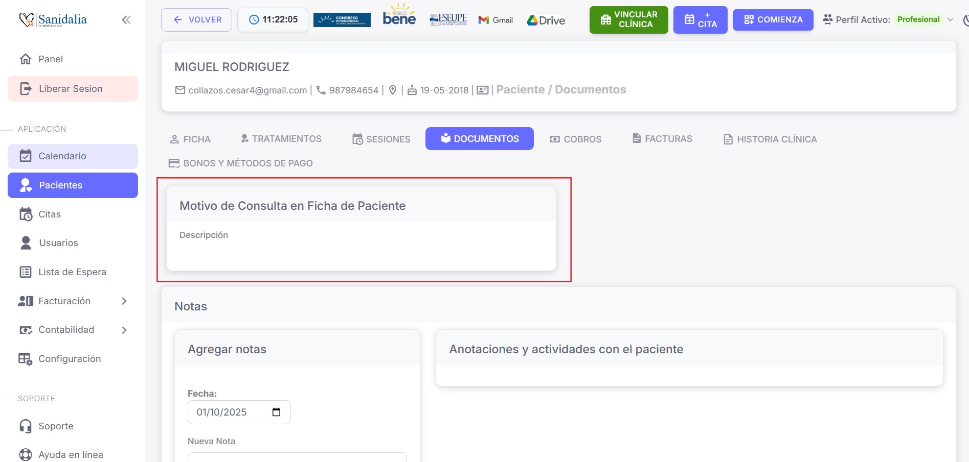 Motivo de consulta en ficha de paciente