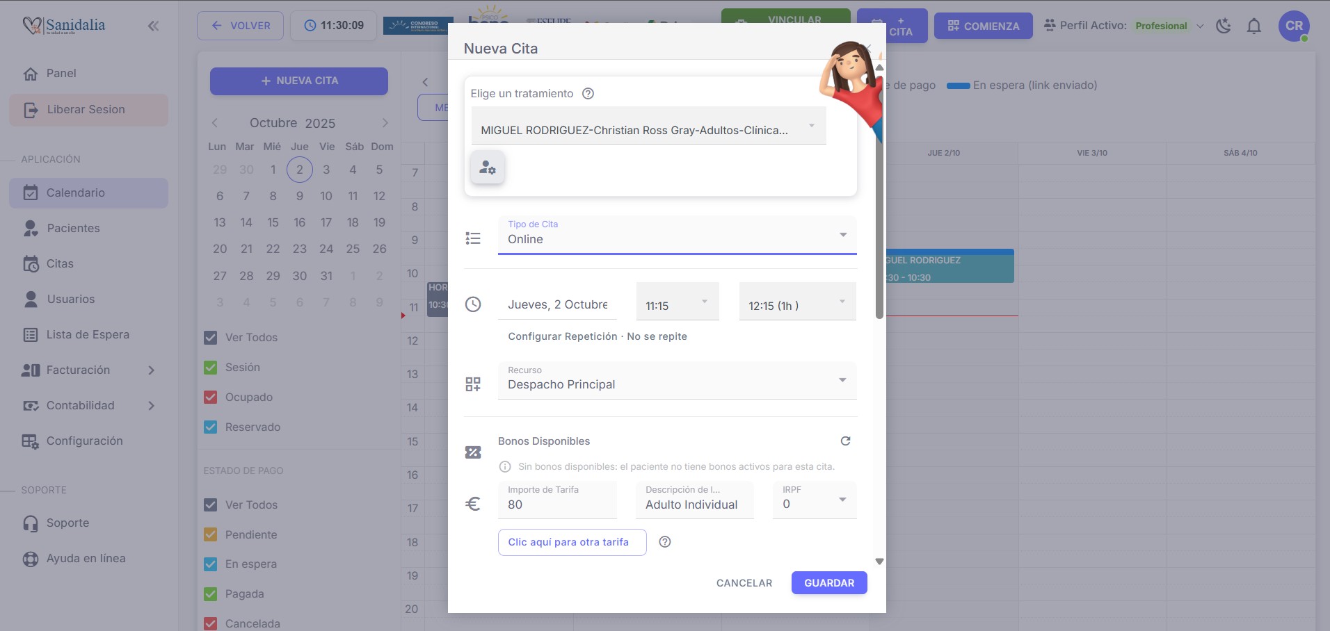 Nueva Cita: tipo Online y videollamada en Sanidalia