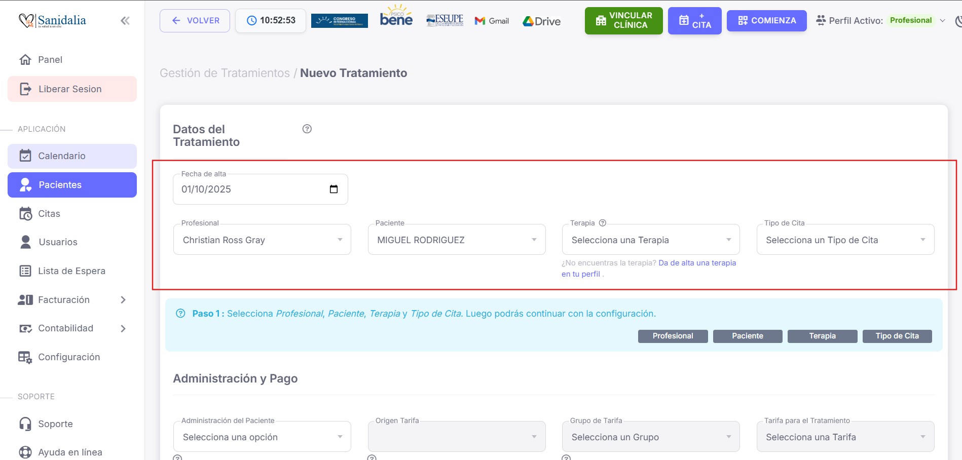 Detalle de los datos básicos al crear un tratamiento.