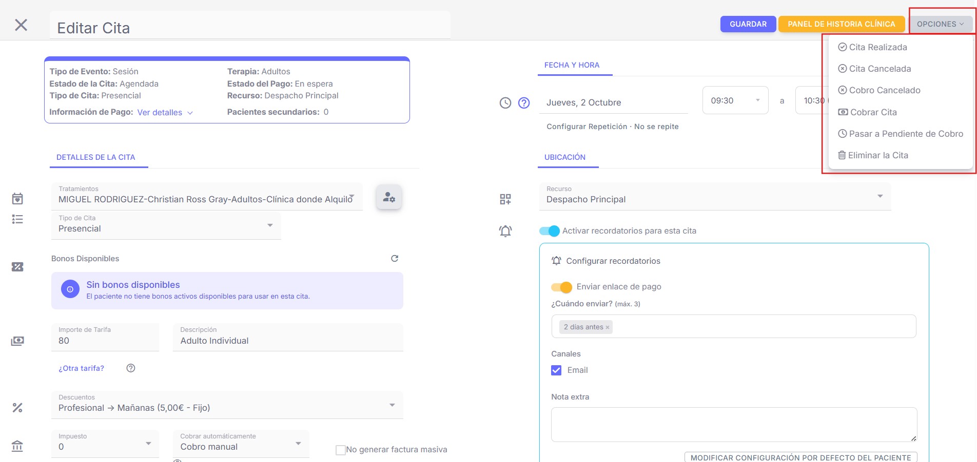Editar Cita — menú Opciones con acciones directas