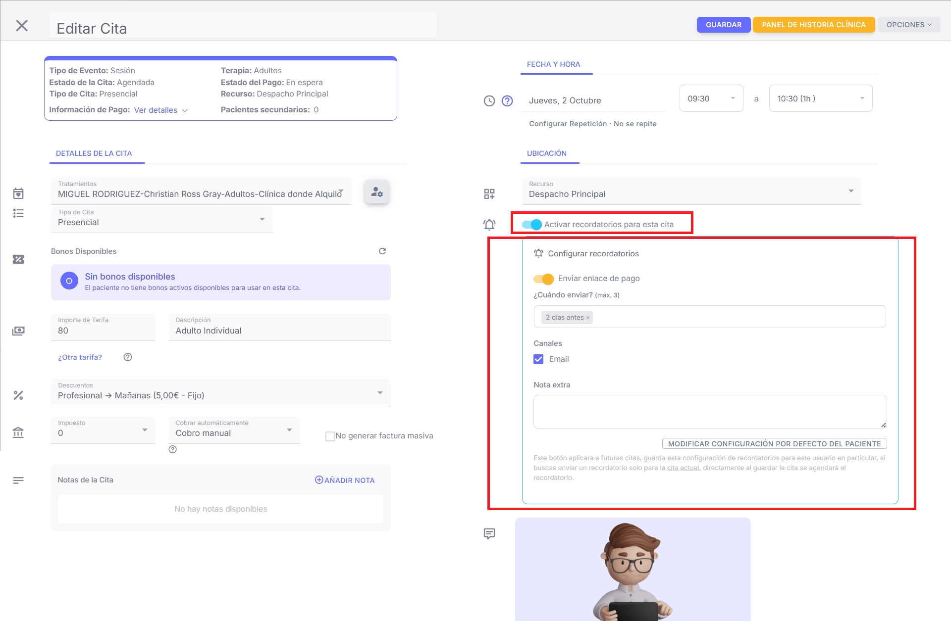 Editar Cita — panel de recordatorios y enlace de pago