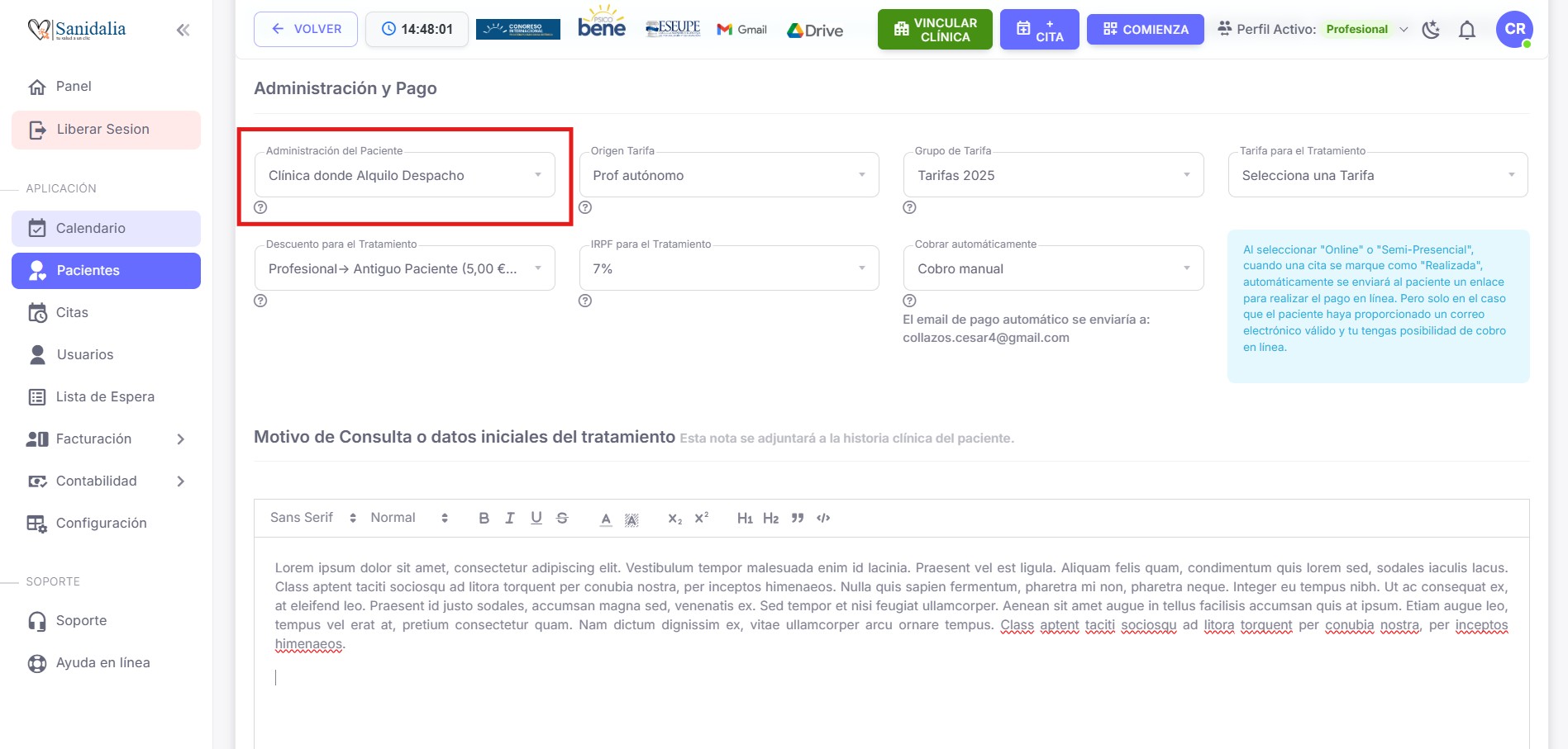 Administración del paciente — selección de clínica