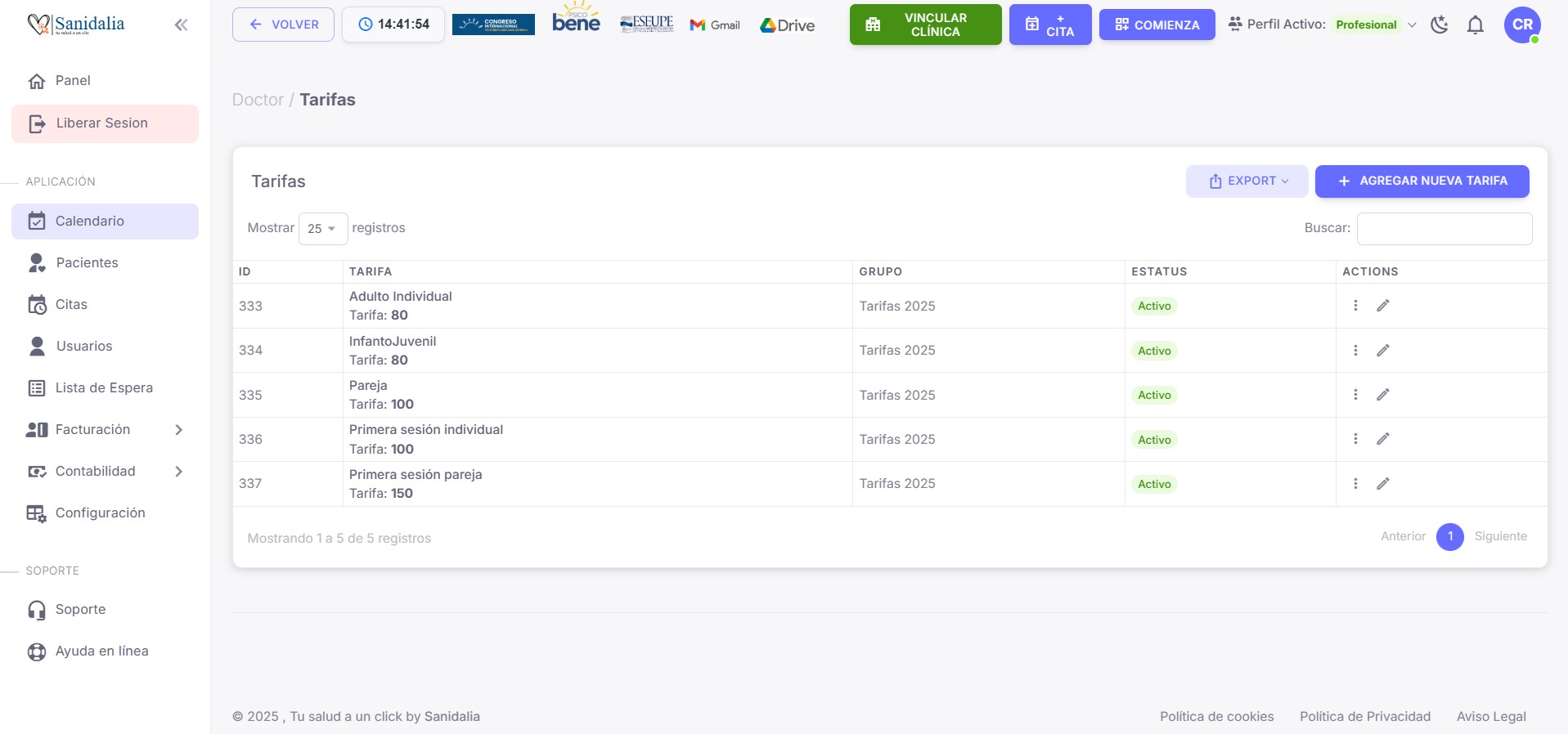 Config (Profesional) — Tarifas de Profesionales