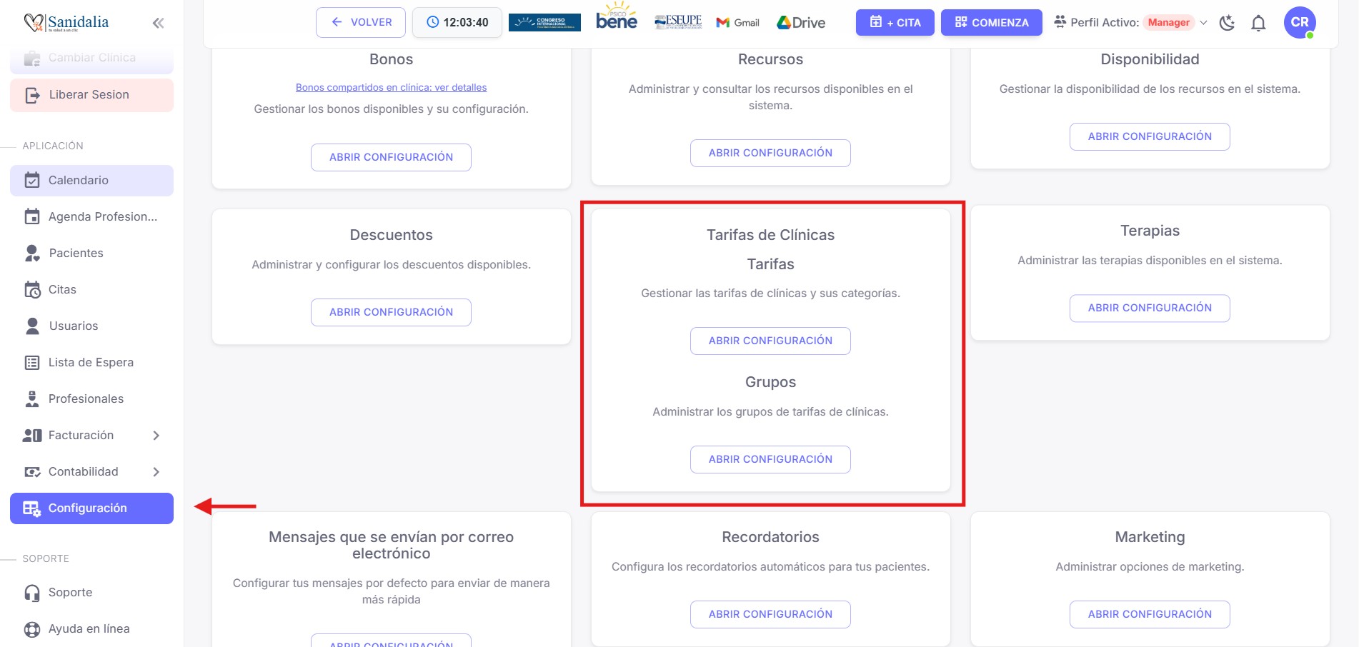 Configuración (Manager) — Tarifas de Clínicas resaltado