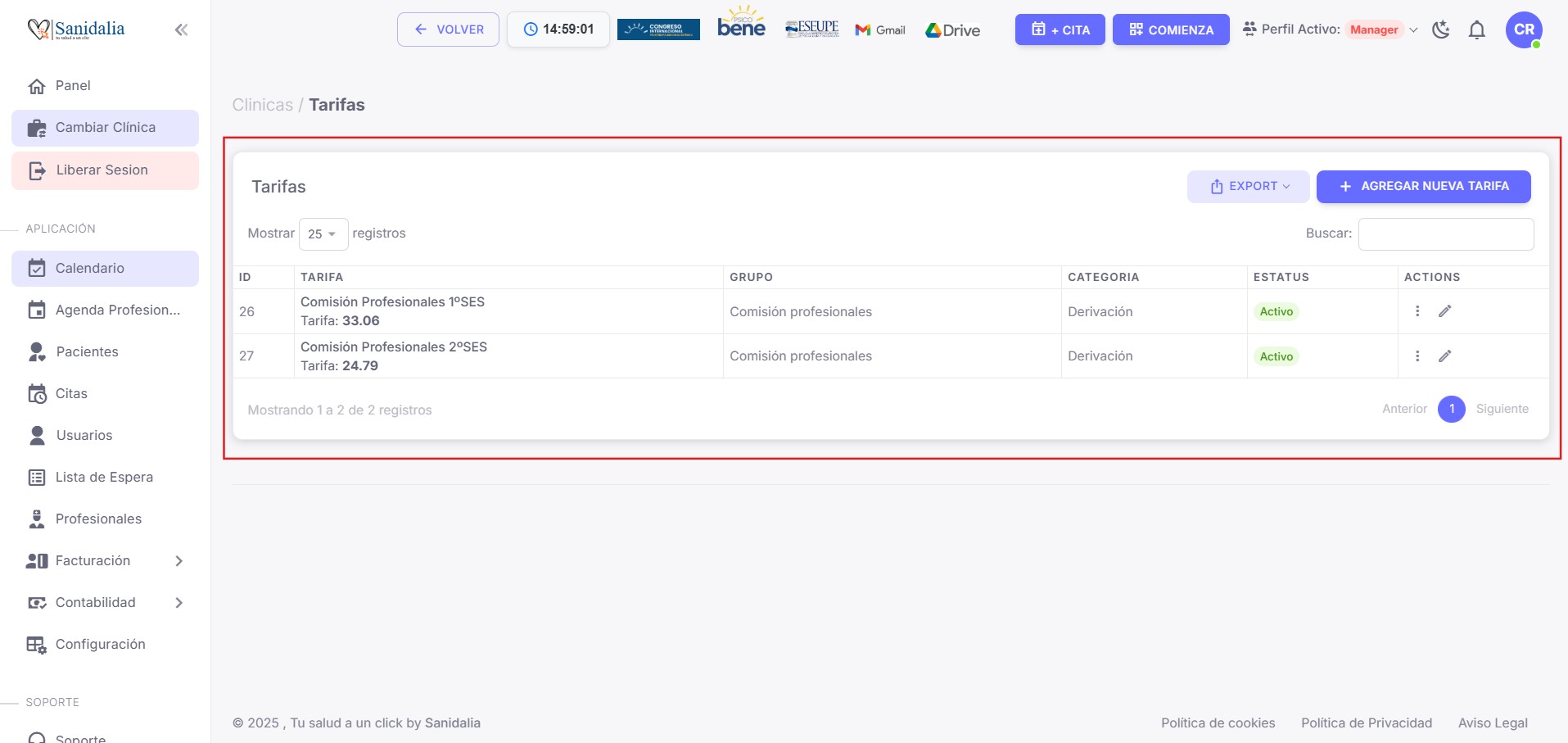 Config (Manager) — Tarifas de Clínicas