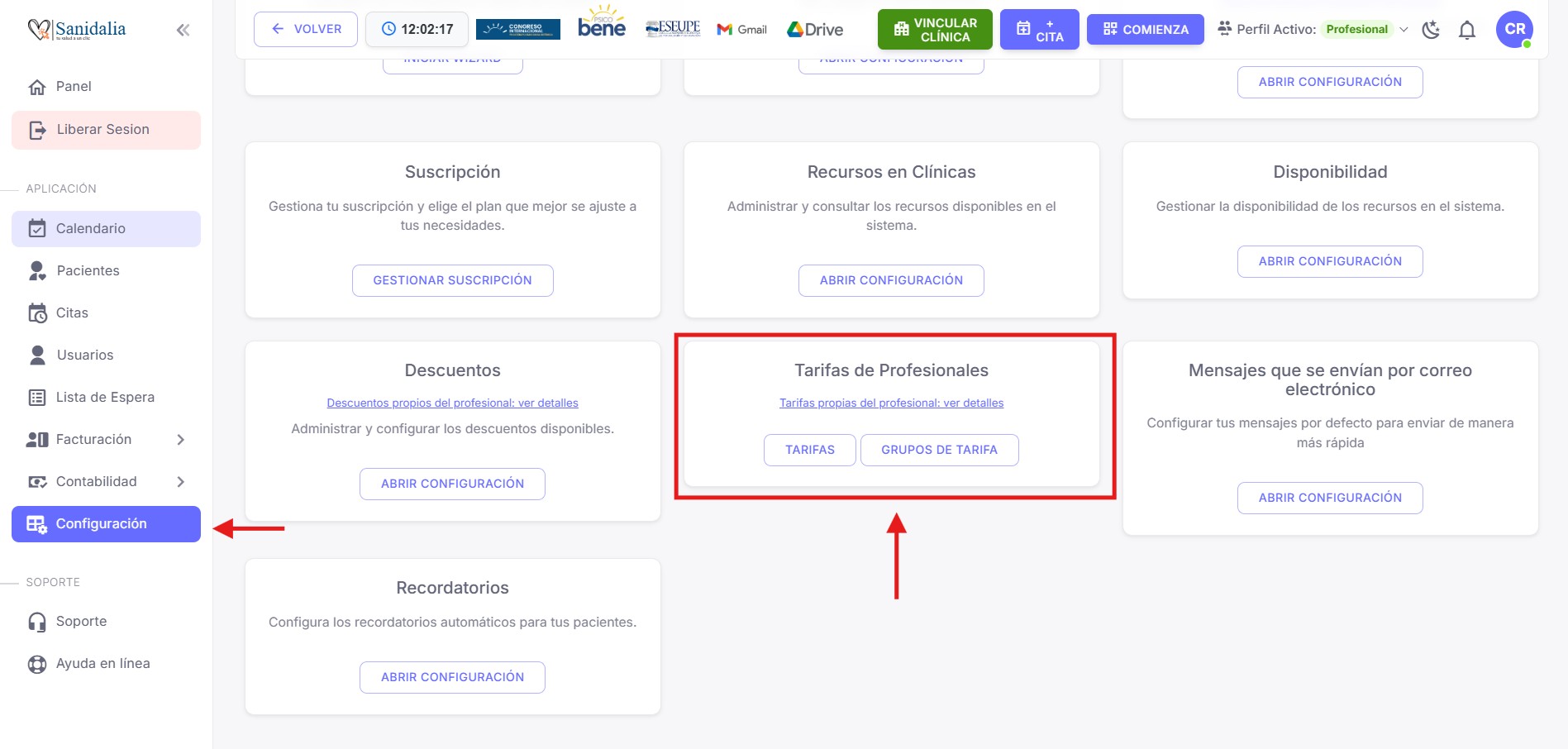 Configuración (Profesional) — Tarifas de Profesionales resaltado