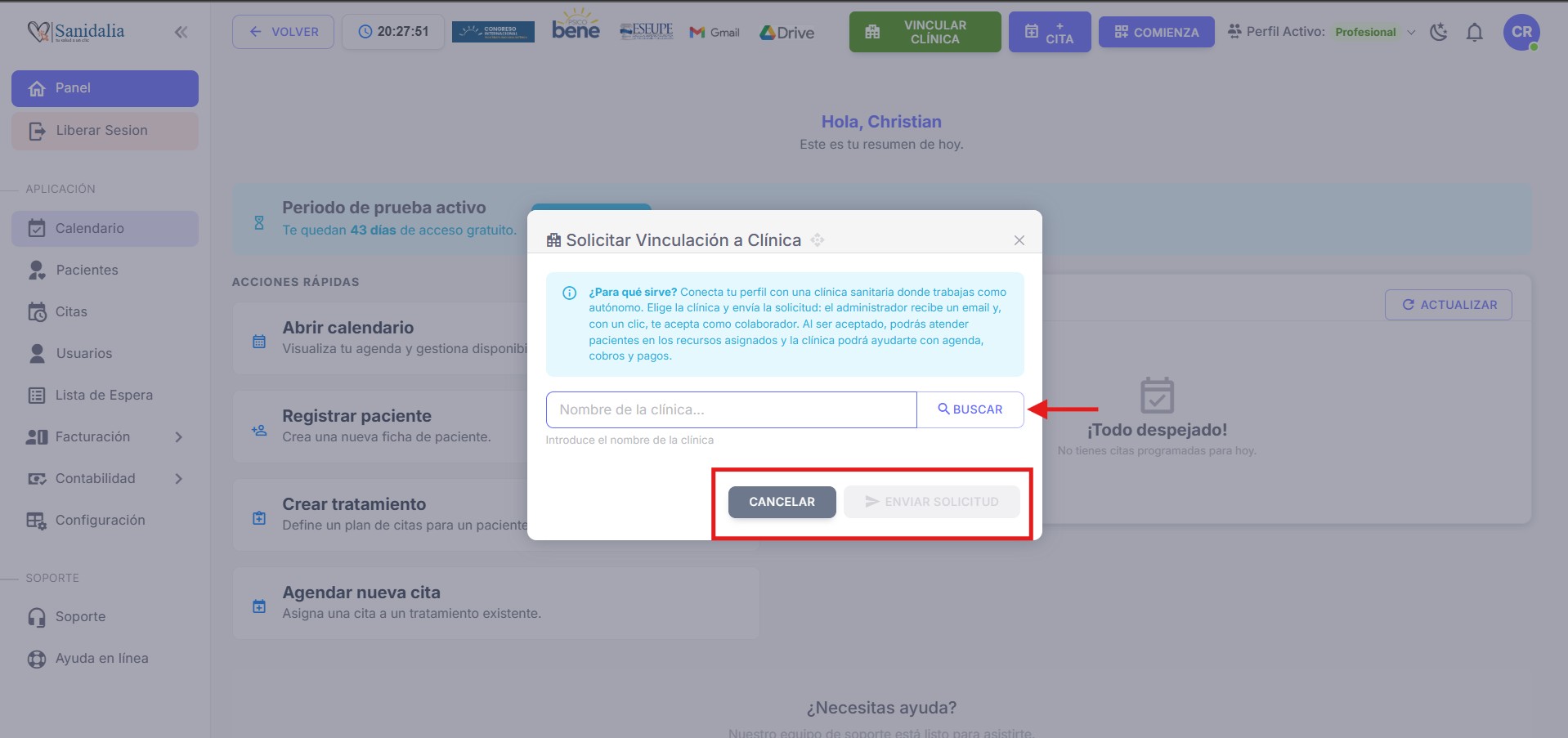 Modal Solicitar Vinculación a Clínica — controles
