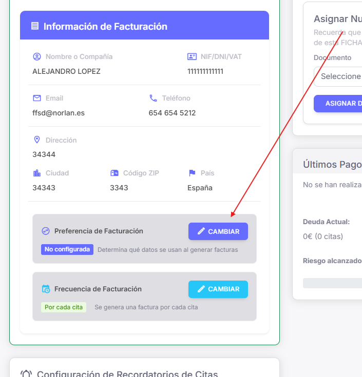 Ficha del paciente info facturación