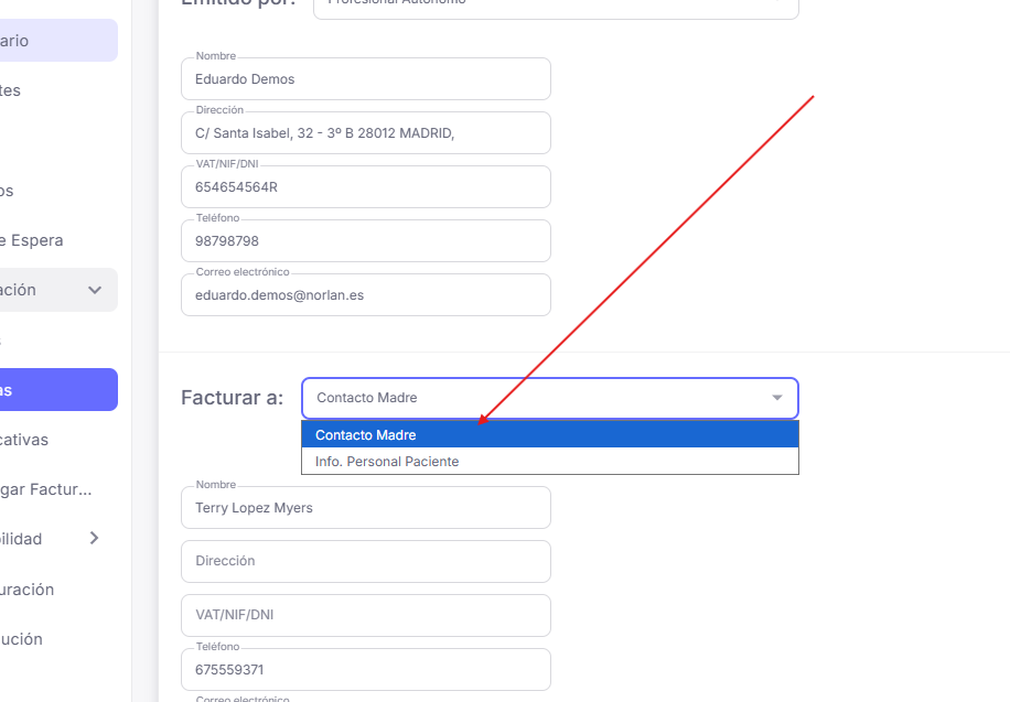 Desplegable facturar a