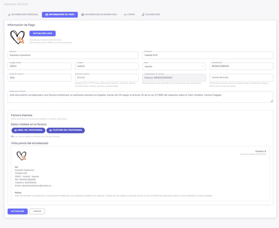 Pantalla de configuración de Información de Pago en Sanidalia