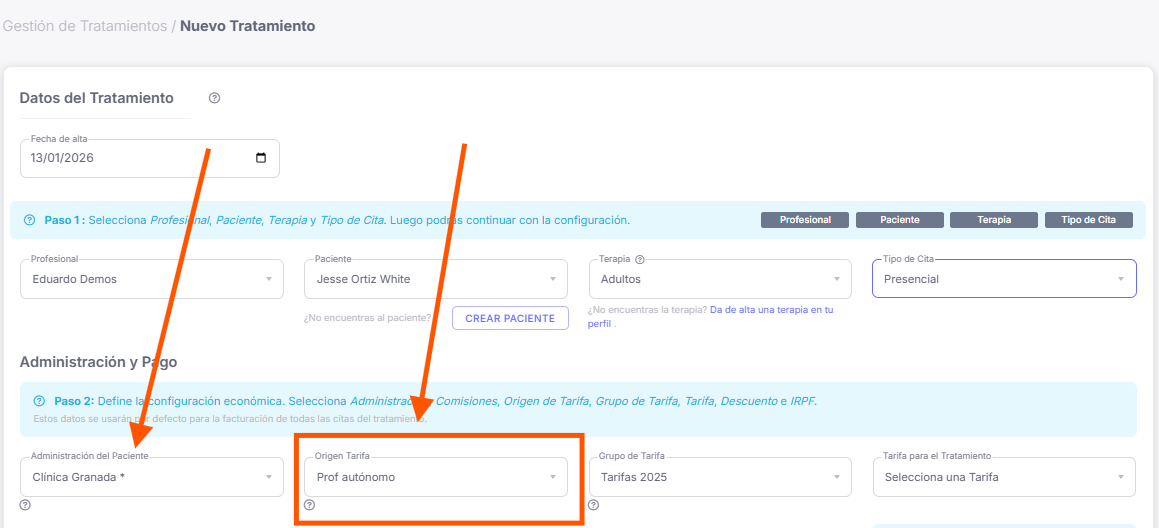 Captura de pantalla mostrando el selector de Origen de Tarifa en Sanidalia