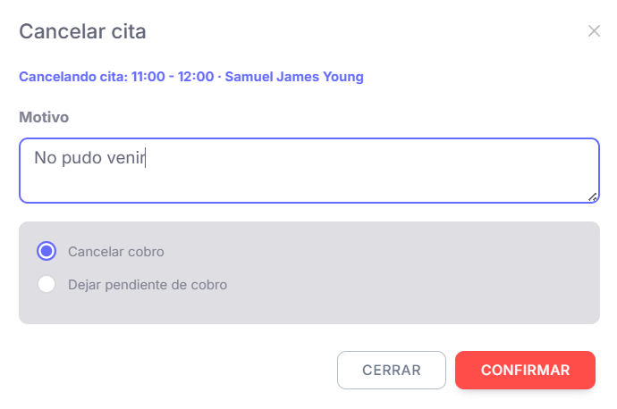 Ventana modal de cancelación de cita mostrando el campo de motivo obligatorio