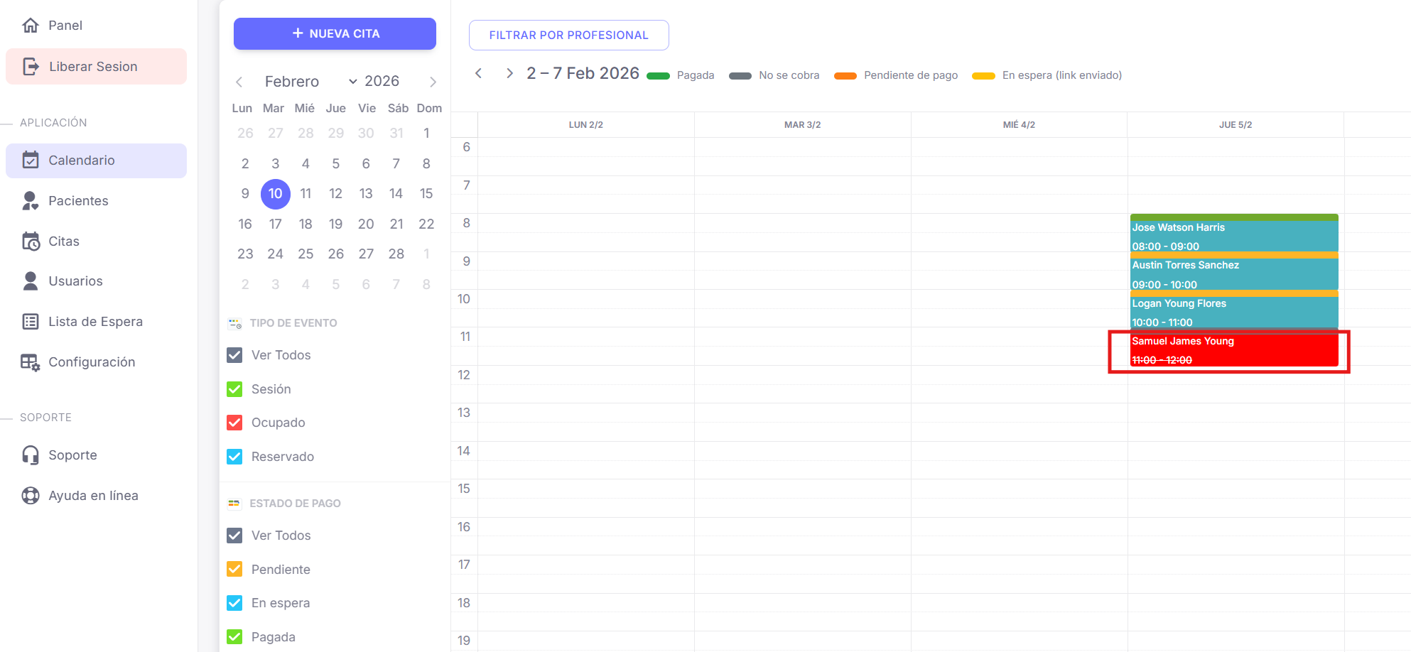 Ventana modal de cancelación de cita mostrando el campo de motivo obligatorio
