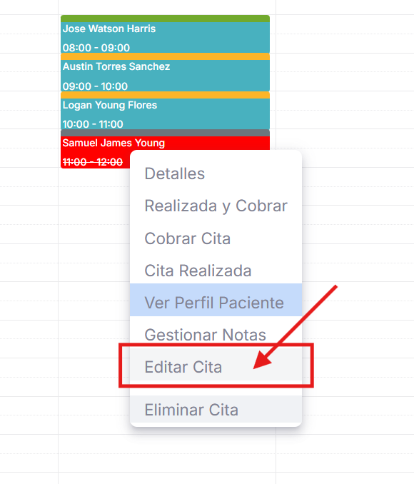 Ventana modal de cancelación de cita mostrando el campo de motivo obligatorio