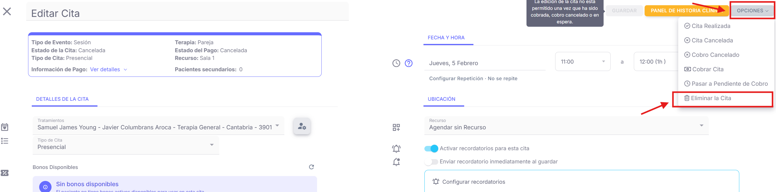 Menú de opciones superior derecho mostrando el botón de Eliminar cita