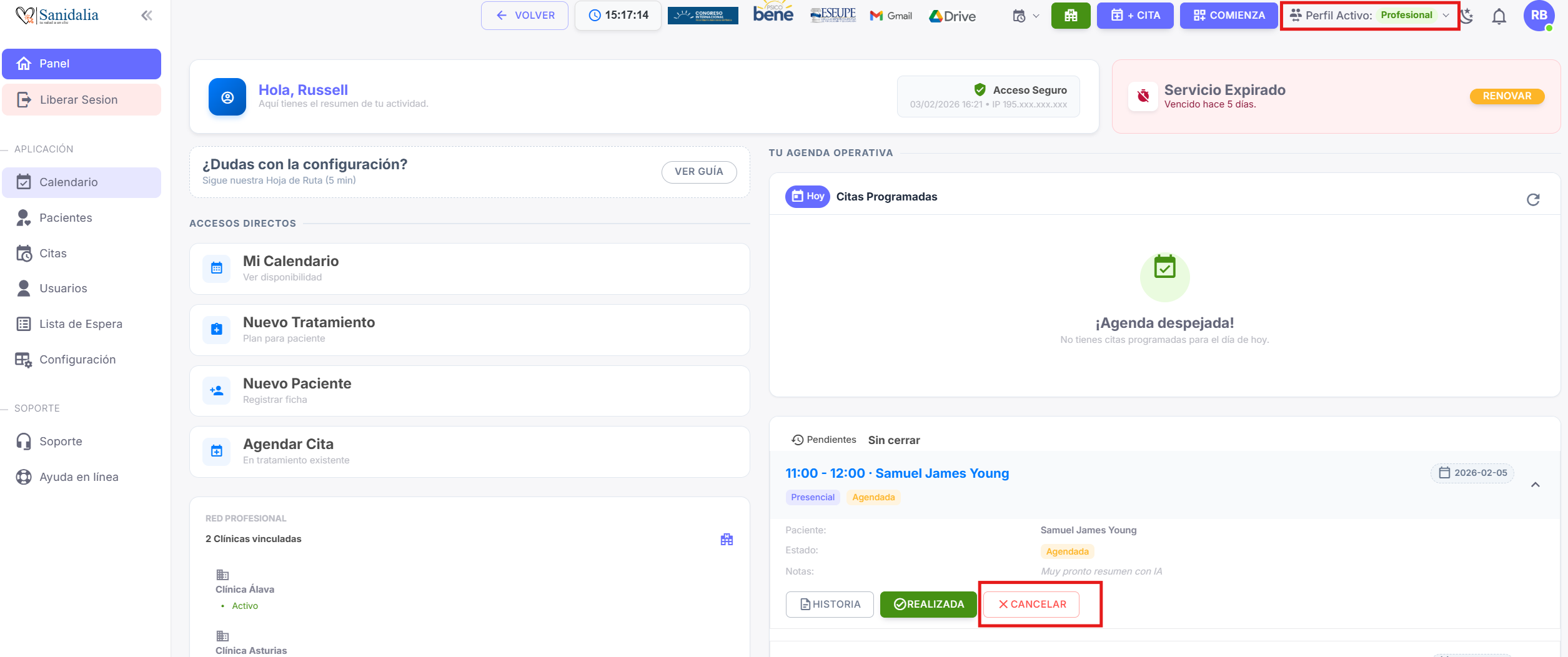 Ventana modal de cancelación de cita mostrando el campo de motivo obligatorio