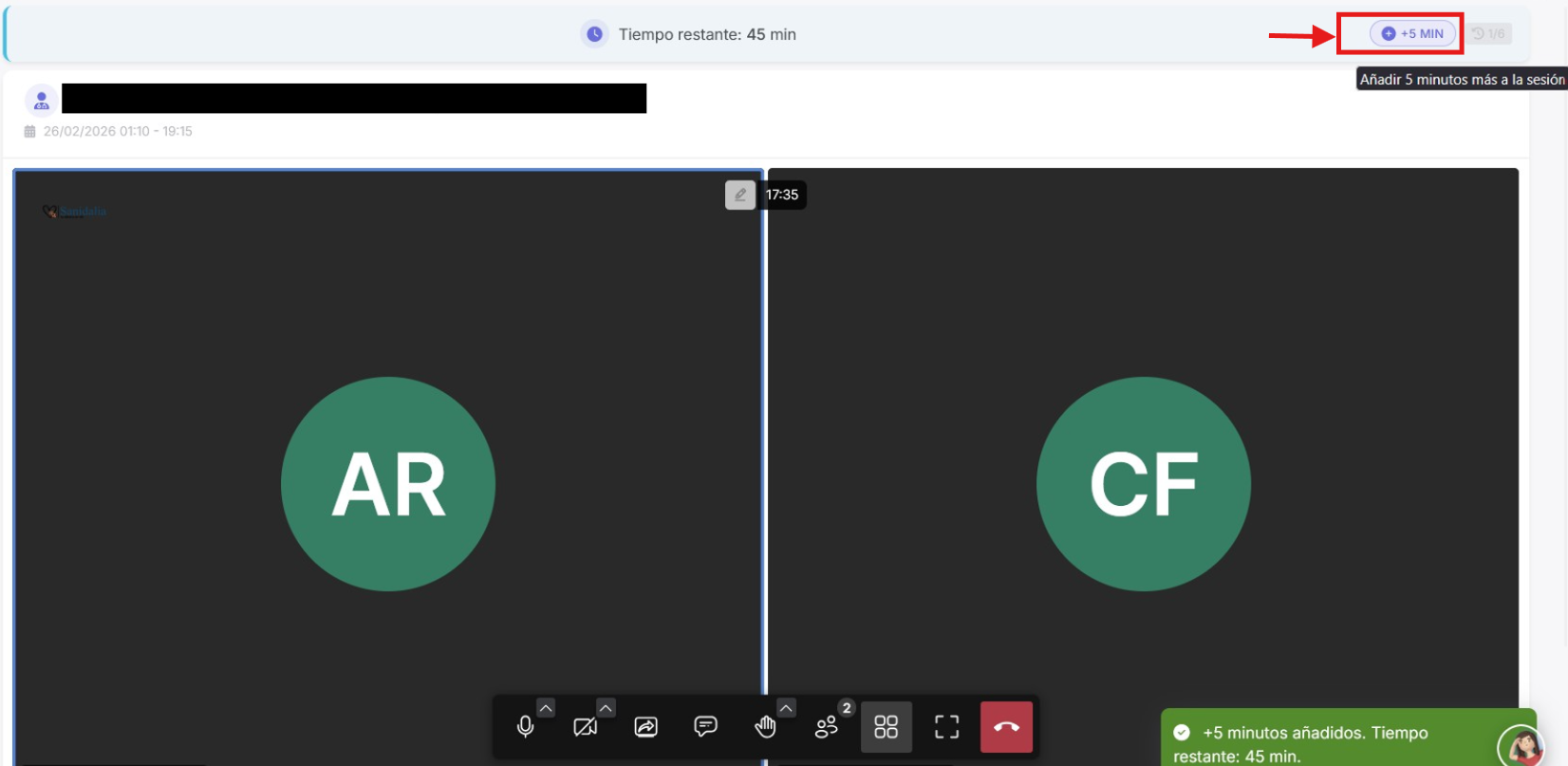 Botón de extensión rápida de 5 minutos en videoconsulta