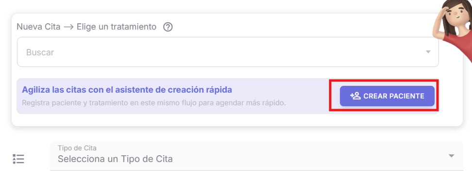 Opción de creación rápida desde la ventana de nueva cita