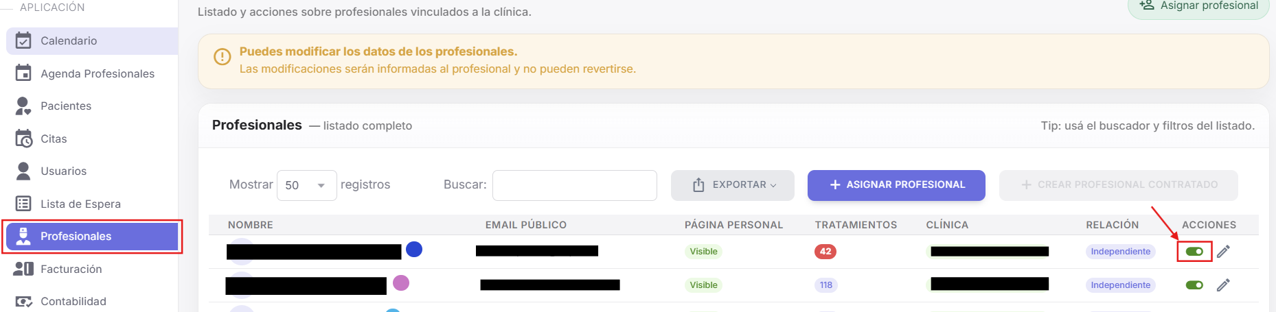 Vista de la lista de profesionales con el estado Profesional Activo