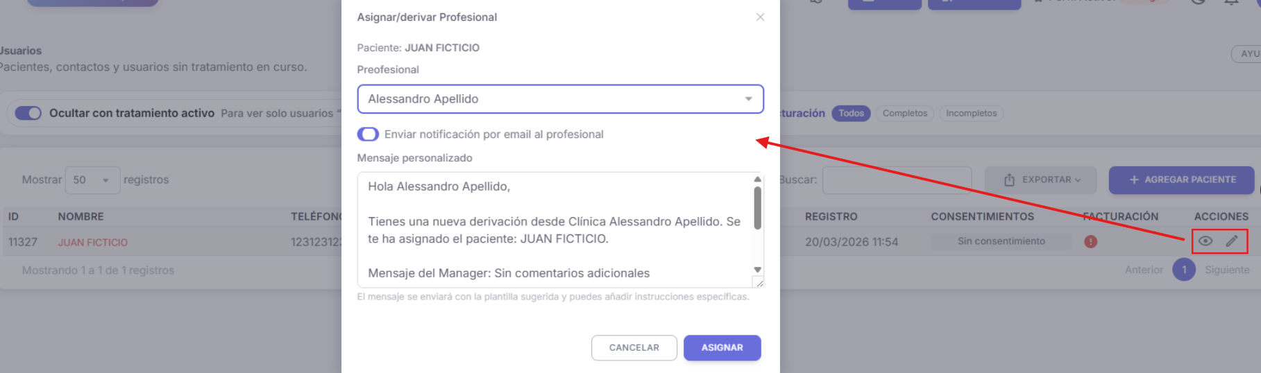 Columna de acciones en el listado de usuarios de Sanidalia