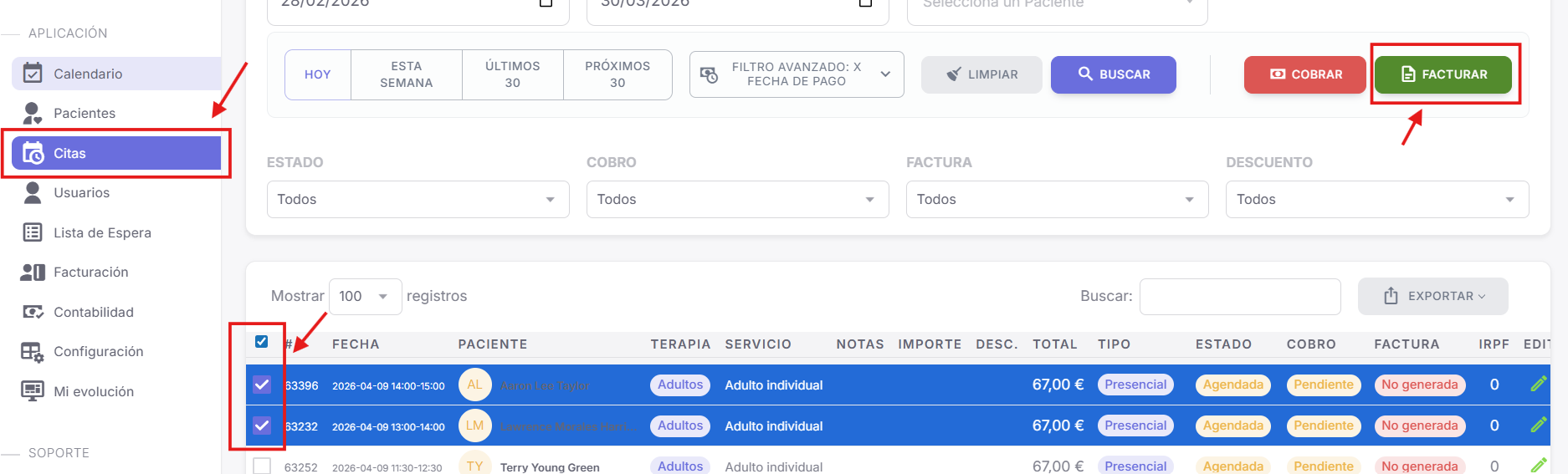 Selección de citas de varios pacientes