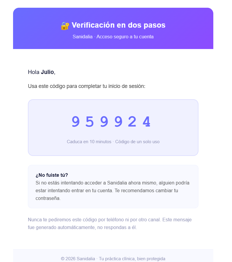 Ejemplo del correo con el código de seguridad de Sanidalia
