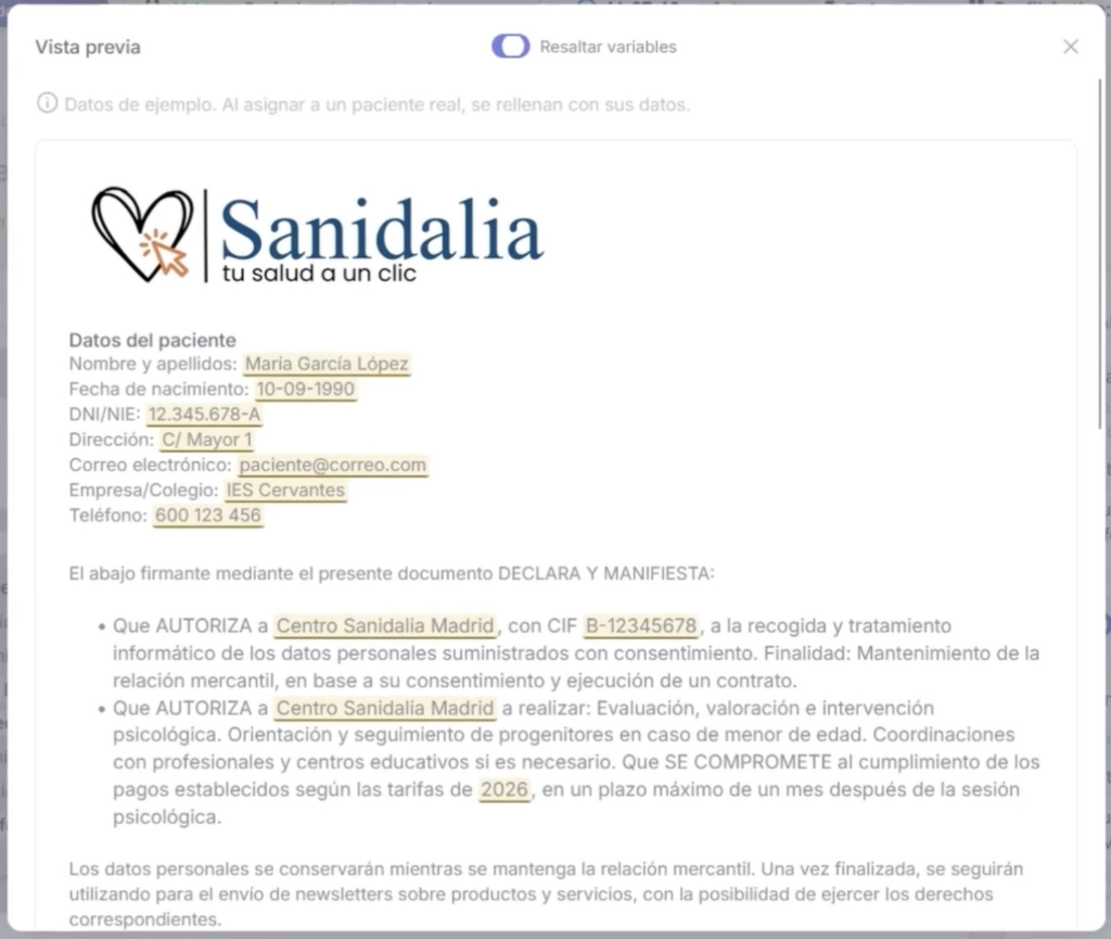 Vista previa de consentimiento