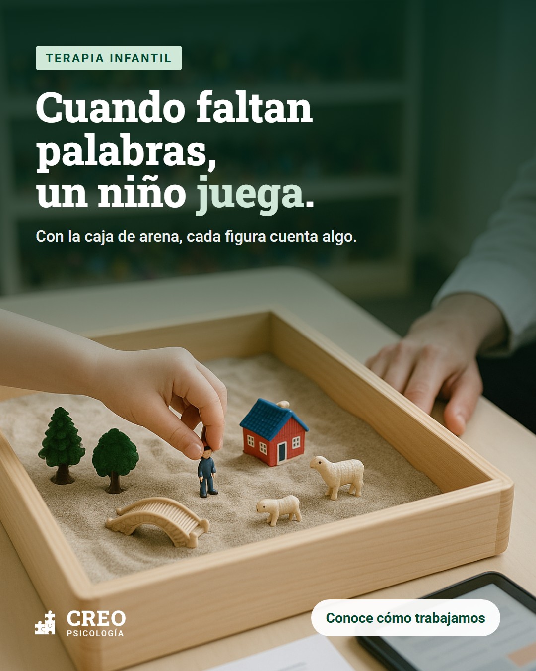 Publicación de ejemplo de CREO Psicología: Cuando faltan palabras, un niño juega. Terapia infantil con caja de arena