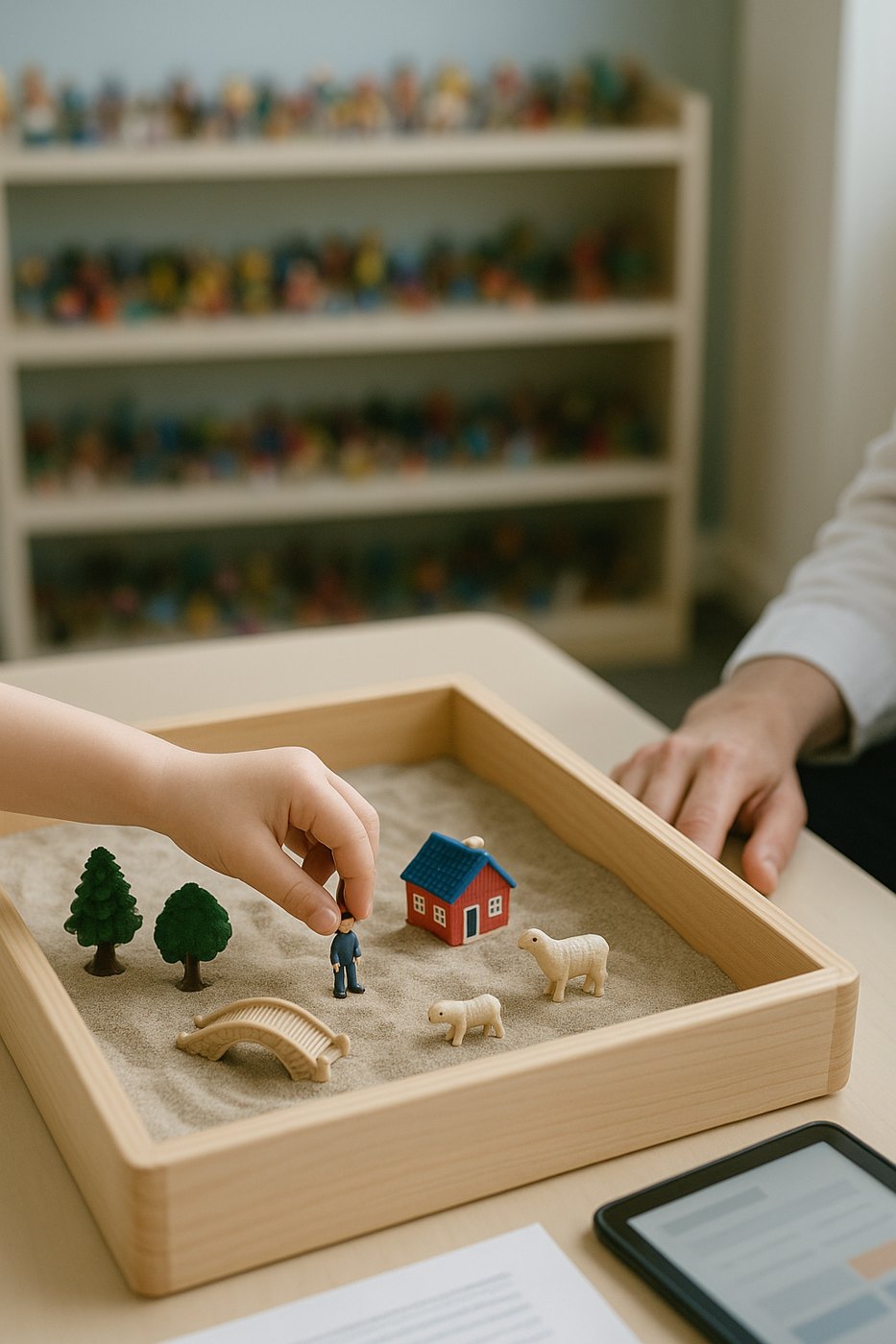 Caja de arena con figuras en terapia infantil