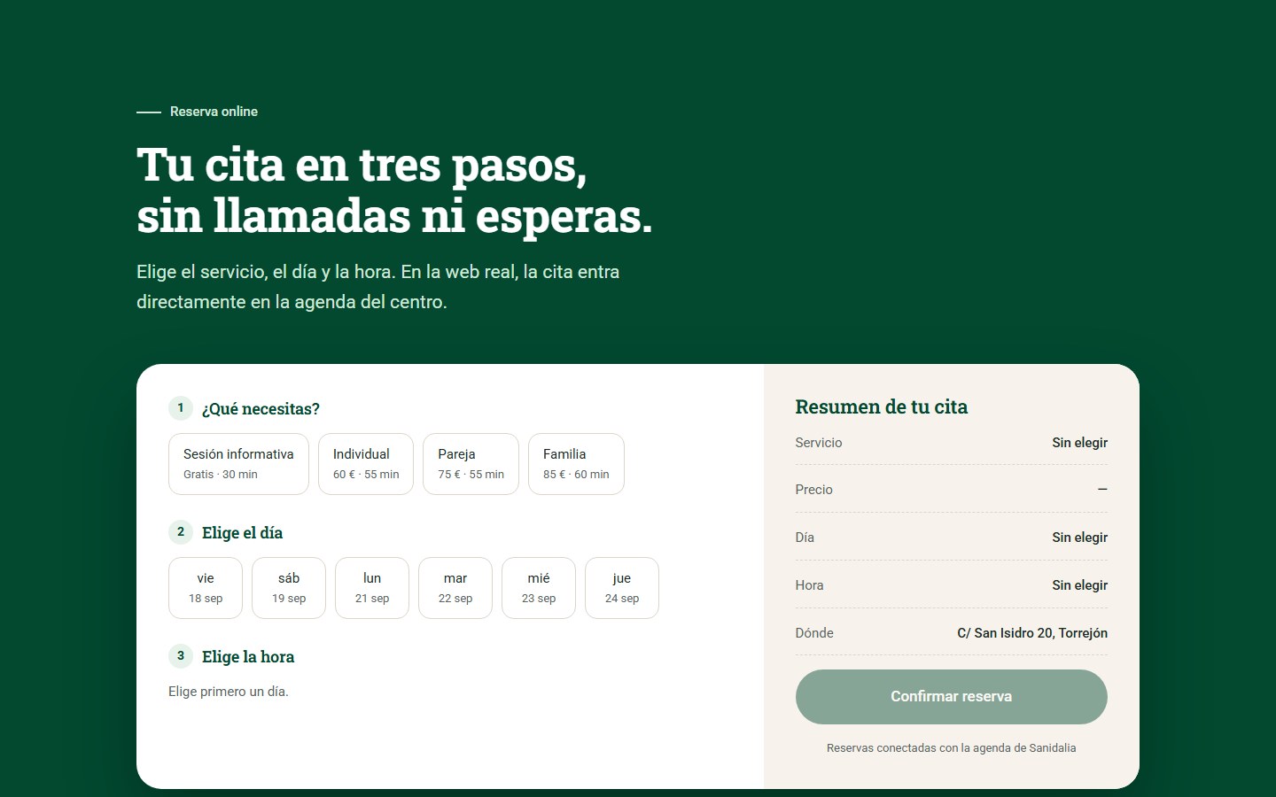 Portal de reserva online de CREO Psicología: servicio, día y hora