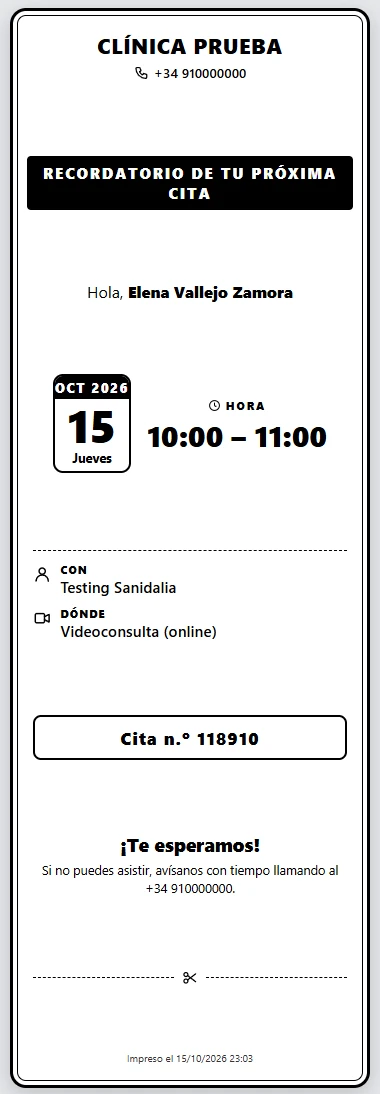 Tarjeta «Recordatorio de tu próxima cita» con el nombre de la clínica, el día en forma de hoja de calendario, la hora, el profesional y el número de cita.